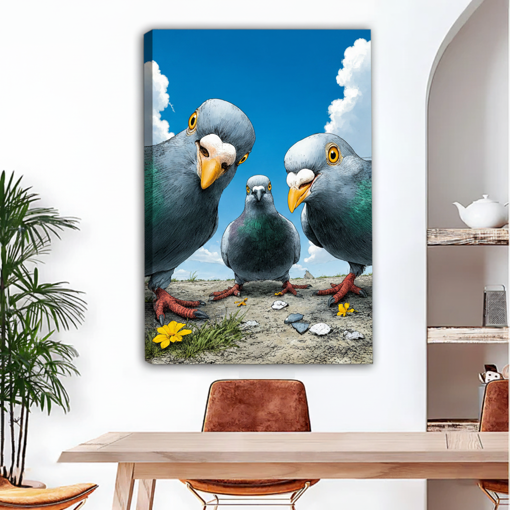 Pigeon trio comic canvas wall art, gallery wrap frameless, funny bird print, modern living room