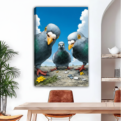 Pigeon trio comic canvas wall art, gallery wrap frameless, funny bird print, modern living room