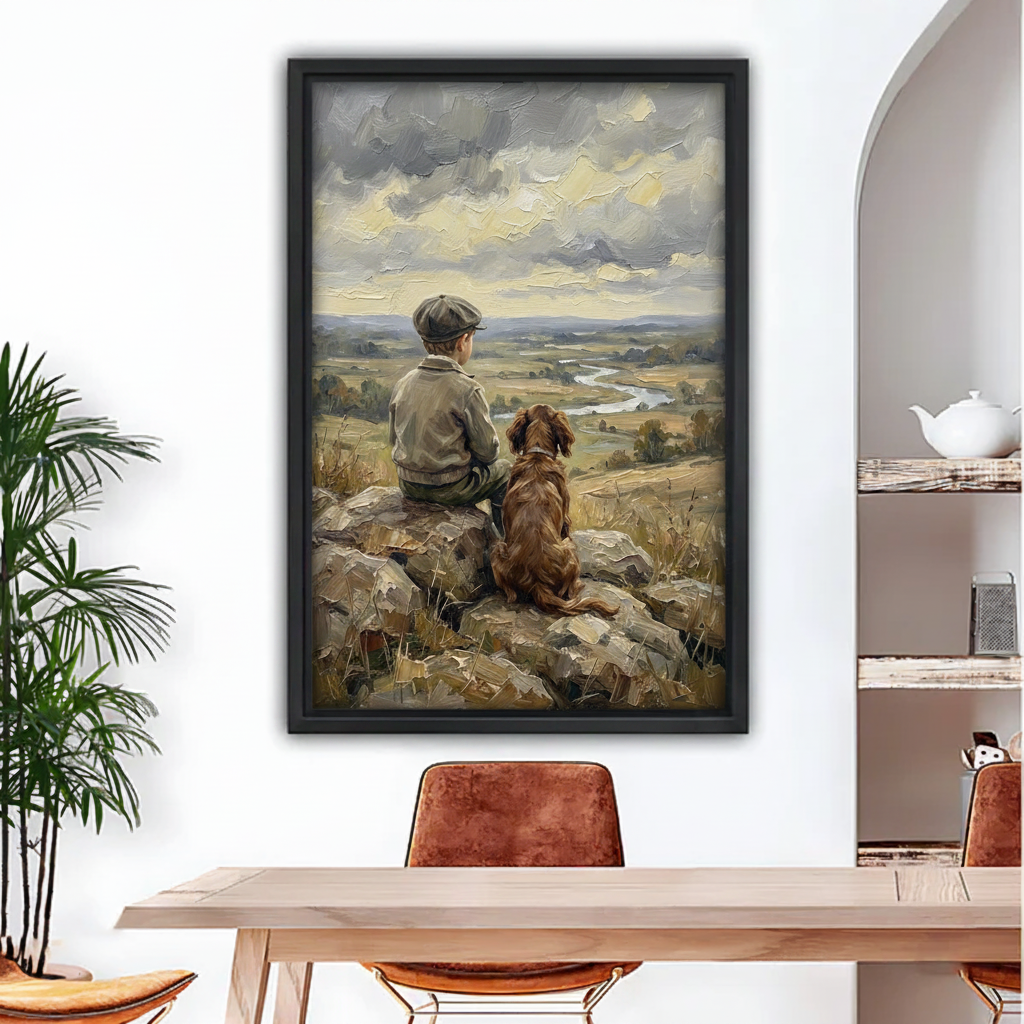 Boy and dog oil painting framed canvas wall art above dining table, moody countryside landscape