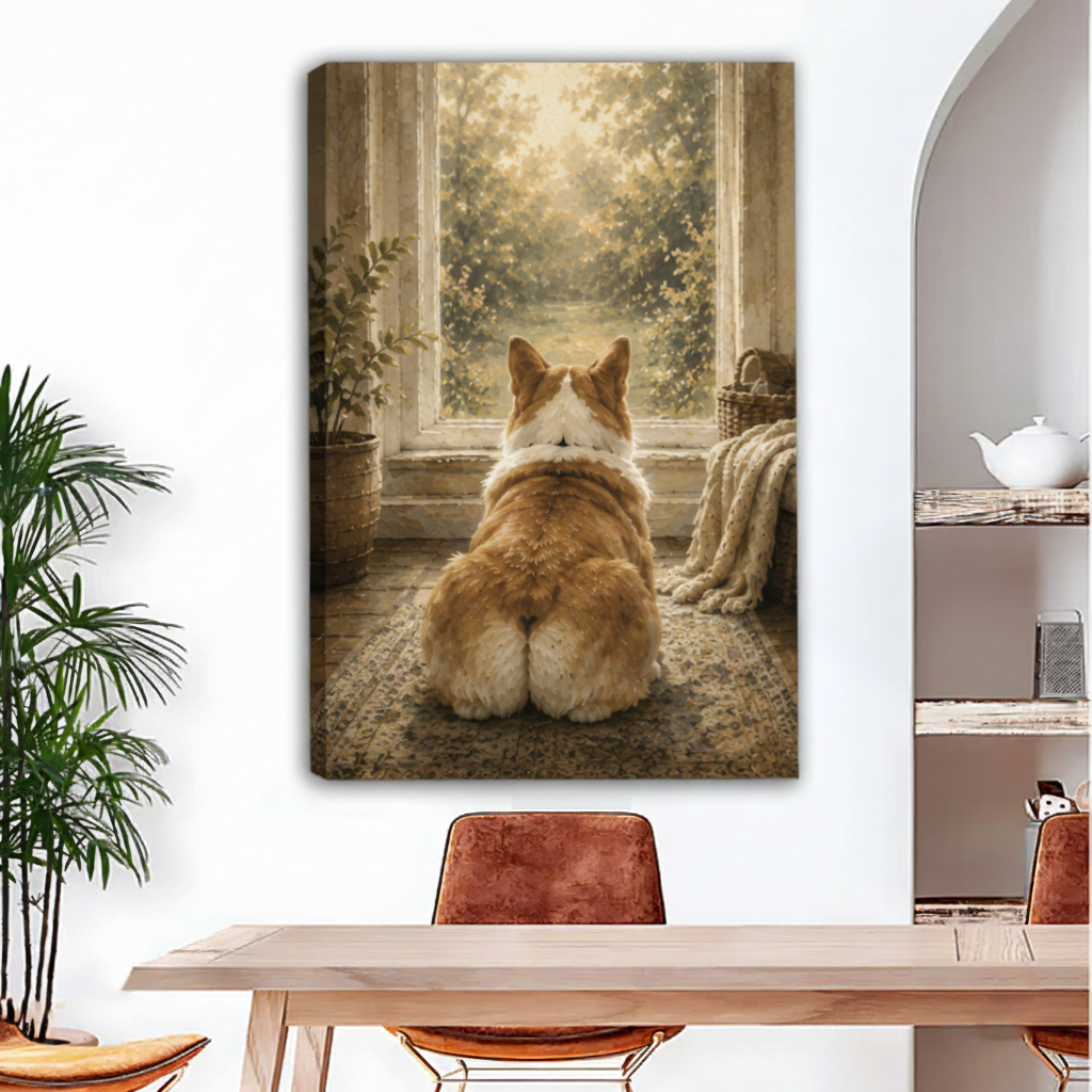 Vintage oil painting of a fluffy corgi sitting by a sunlit window — gallery wrap canvas in a bright dining room