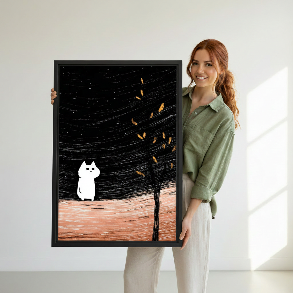 White cat night sky golden tree canvas wall art as home decor accent — dreamy illustrated cat print styled with modern neutral home furnishings