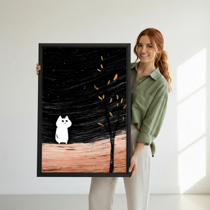 White cat night sky golden tree canvas wall art as home decor accent — dreamy illustrated cat print styled with modern neutral home furnishings