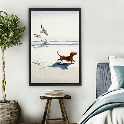 Dachshund Beach Run Seagull Watercolor Wall Art Print l1988