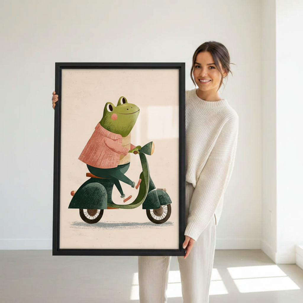 Frog Riding Scooter Cute Wall Art Print Framed l2039