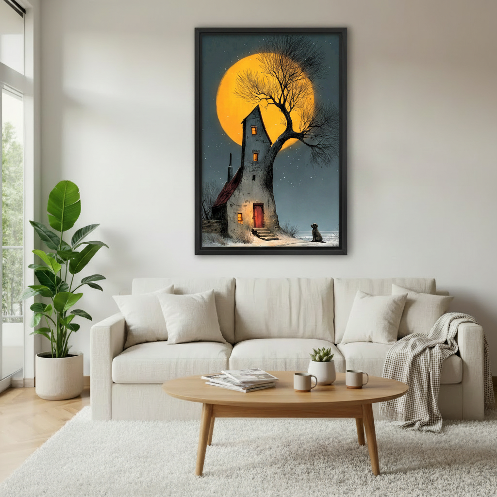 Moonlit cottage gothic framed wall art print in modern living room above white sofa — moody dark decor