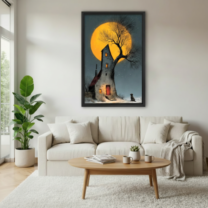 Moonlit cottage gothic framed wall art print in modern living room above white sofa — moody dark decor