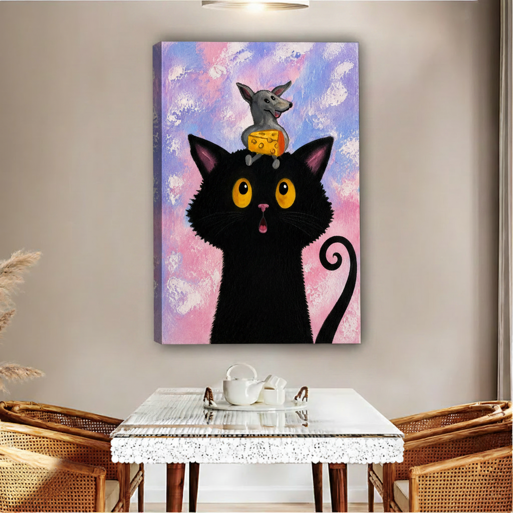 Whimsical black cat mouse cheese whimsical wall art, cat lover home wall art