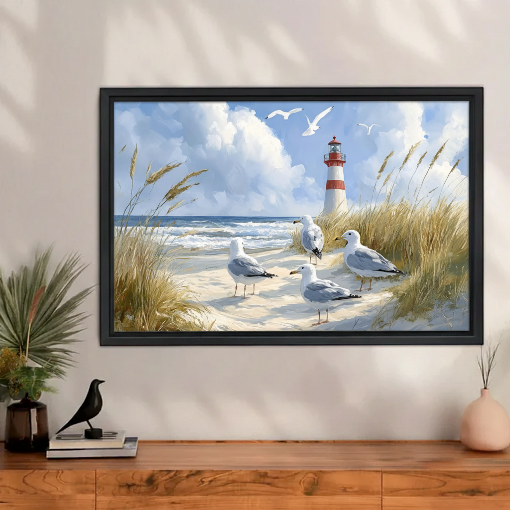 Coastal Lighthouse Seagull Canvas Wall Art - Framed Beach Print for Home Decor
