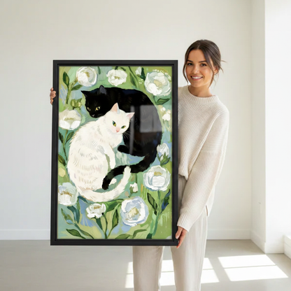 Framed black and white cat wall art print – floral folk art style with botanical background