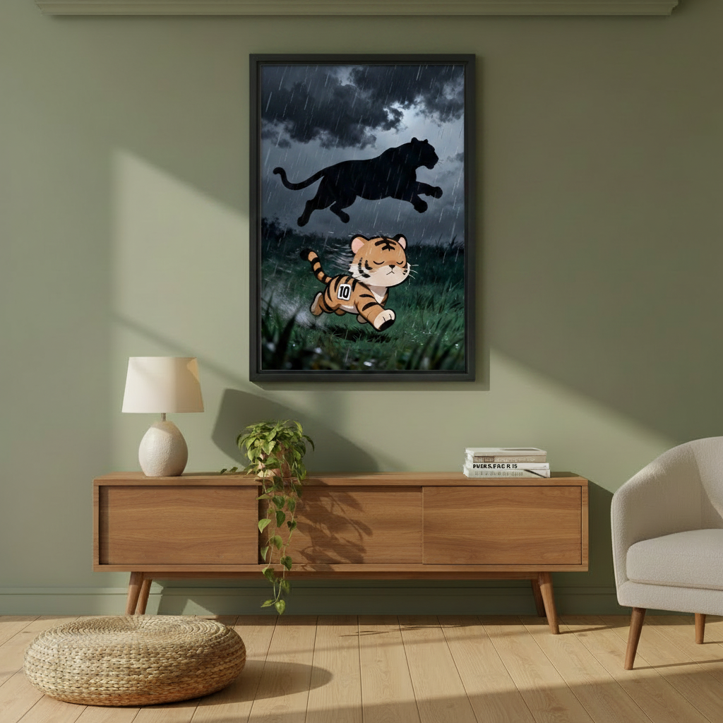Kids room framed canvas print featuring anime-style tiger running through rain and dark sky