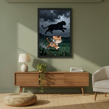 Kids room framed canvas print featuring anime-style tiger running through rain and dark sky