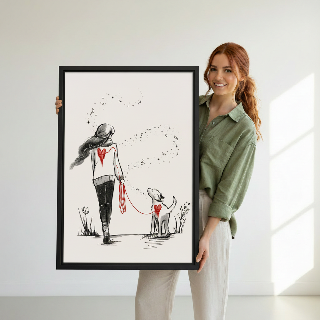 Girl walking dog wall art print — woman holding framed minimalist sketch canvas, perfect dog lover gift for home decor
