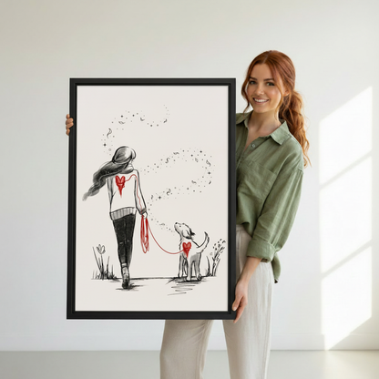 Girl walking dog wall art print — woman holding framed minimalist sketch canvas, perfect dog lover gift for home decor