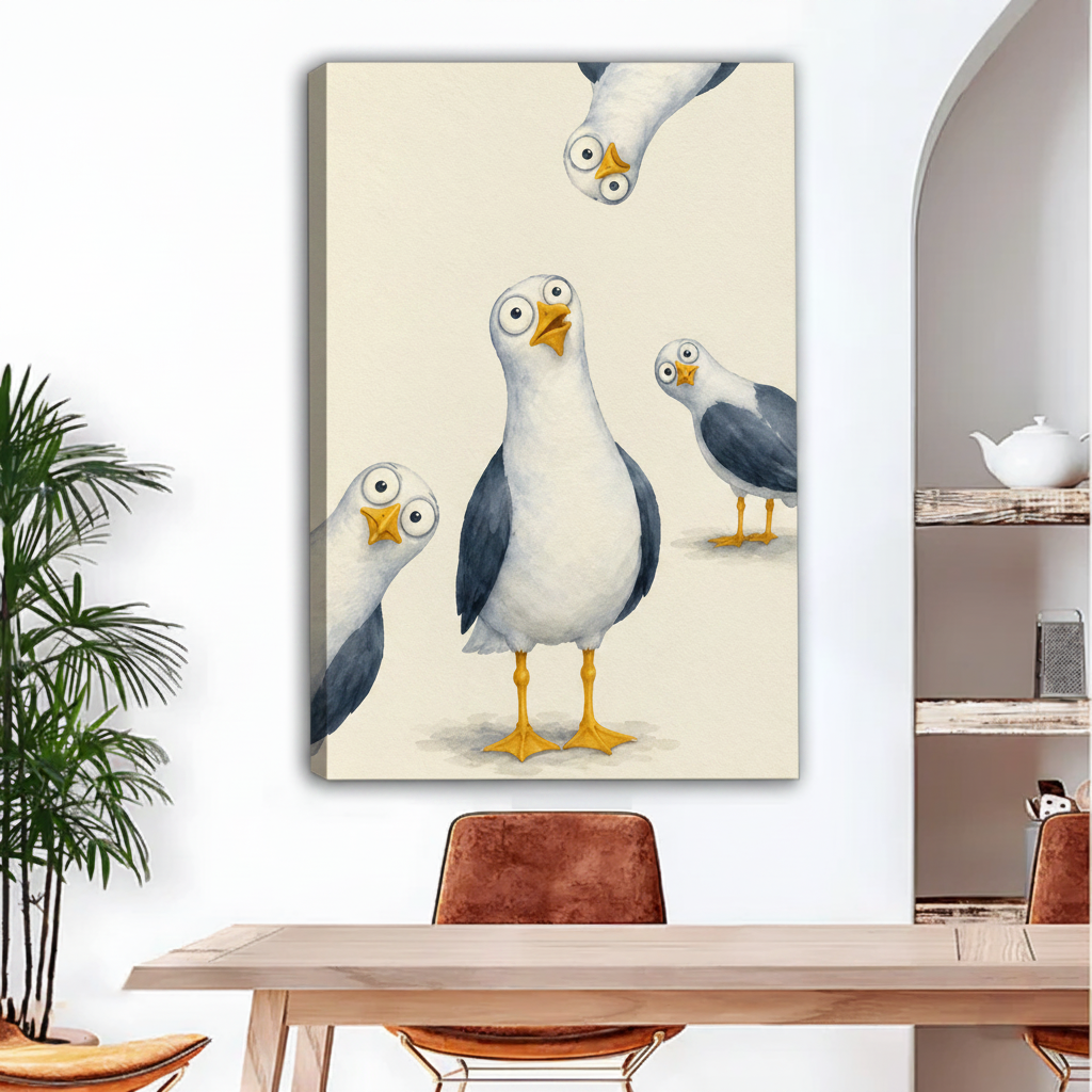 Whimsical seagull group portrait framed canvas print for living room decor