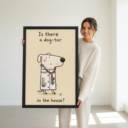 Witty dog doctor framed wall art hanging in modern entryway with wooden console