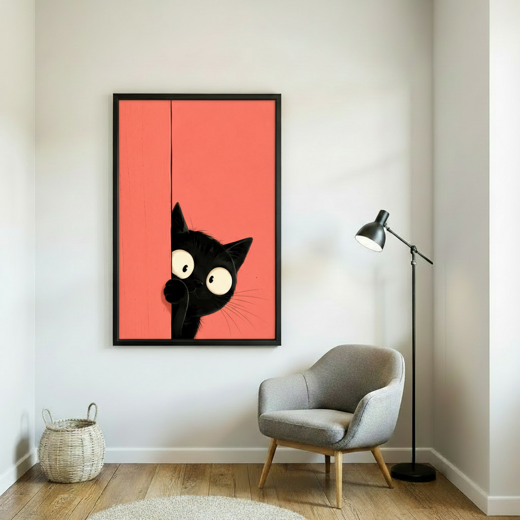 Cartoon black cat framed print displayed above TV console in modern living room