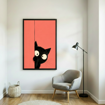 Cartoon black cat framed print displayed above TV console in modern living room
