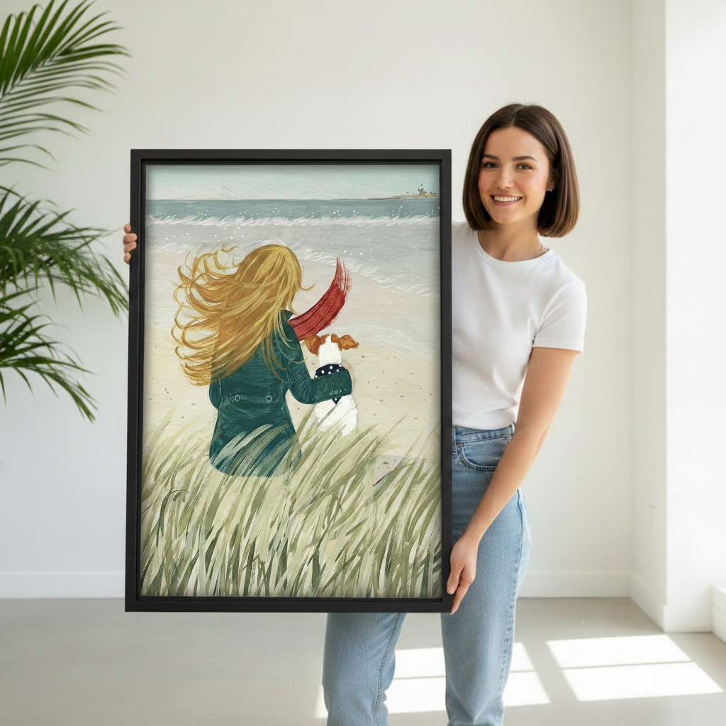 Hand holding romantic girl and dog canvas print – coastal wall art gift idea for dog lovers