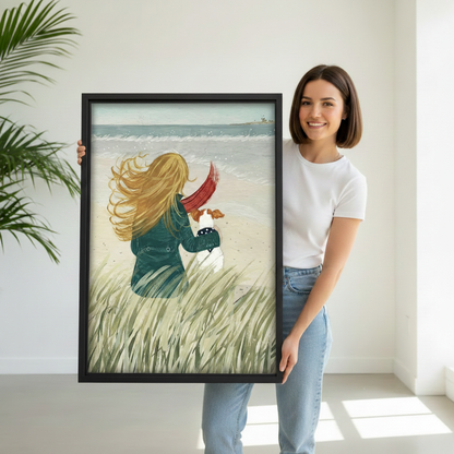 Hand holding romantic girl and dog canvas print – coastal wall art gift idea for dog lovers