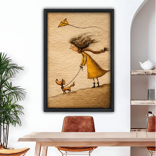 Whimsical girl with dog flying kite retro illustration, black framed wall art print, above dining table scene