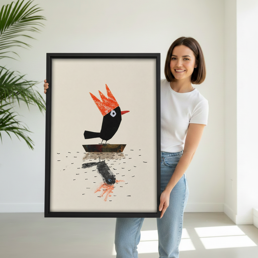 Woman holding black bird orange crown whimsical collage framed canvas wall art print showing size