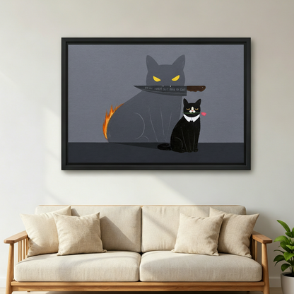 Funny black cat shadow canvas print with knife and fire — woman holding framed art in a bright modern interior