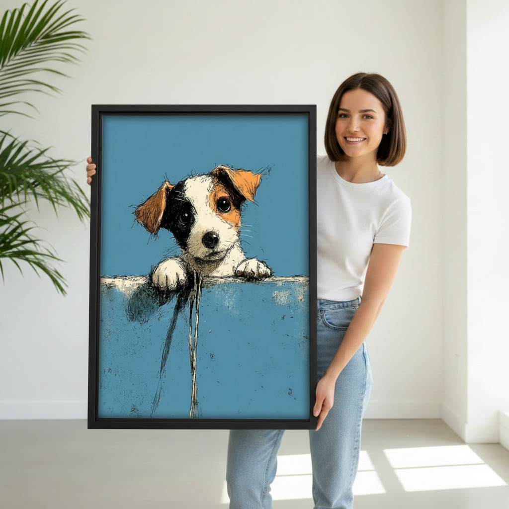 Jack Russell terrier puppy peeking framed canvas hanging in dining room, cute dog wall art on blue, perfect dog lover gift idea