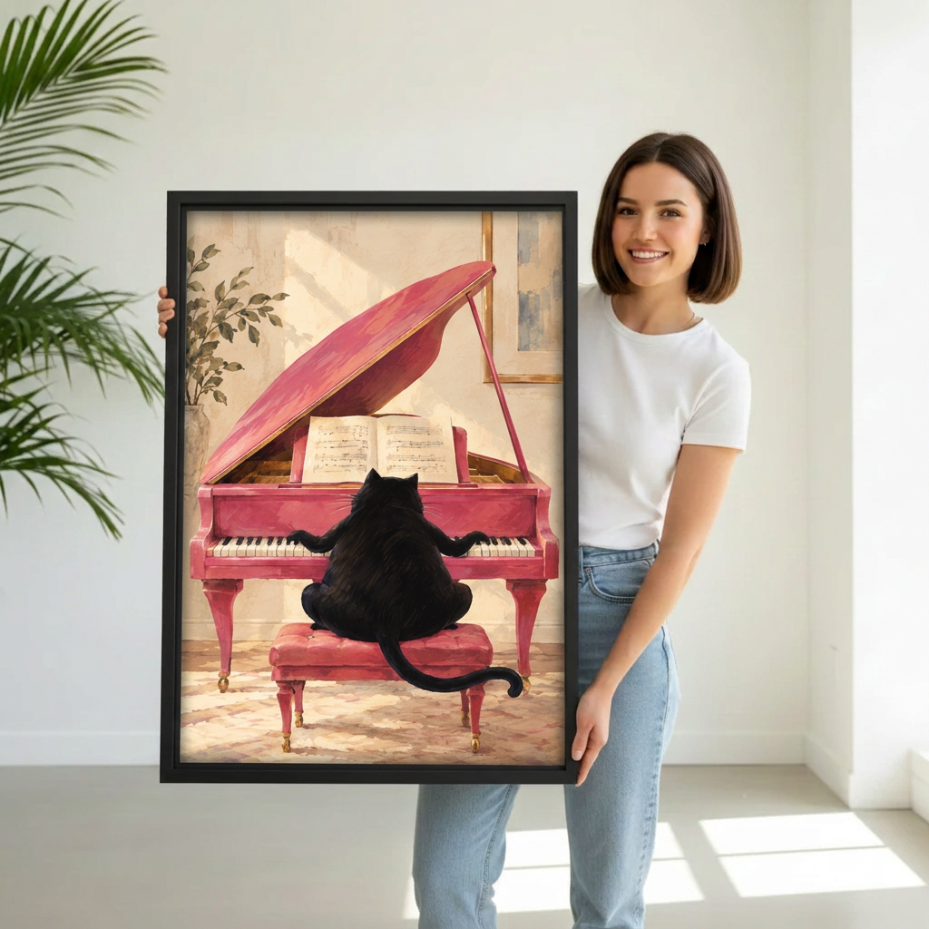Whimsical Black Cat Playing Piano Canvas Wall Art | Framed & Unframed l4931