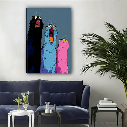 Bold black blue pink screaming cats pop art gallery wrap canvas, quirky colorful cat wall decor