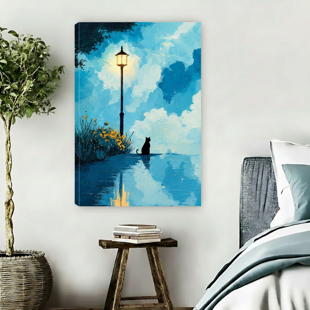 Black cat night scene art print, moody blue oil painting with lantern and water reflection, bedroom decor