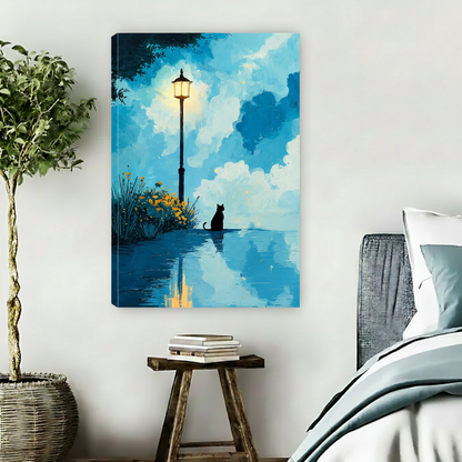 Black cat night scene art print, moody blue oil painting with lantern and water reflection, bedroom decor
