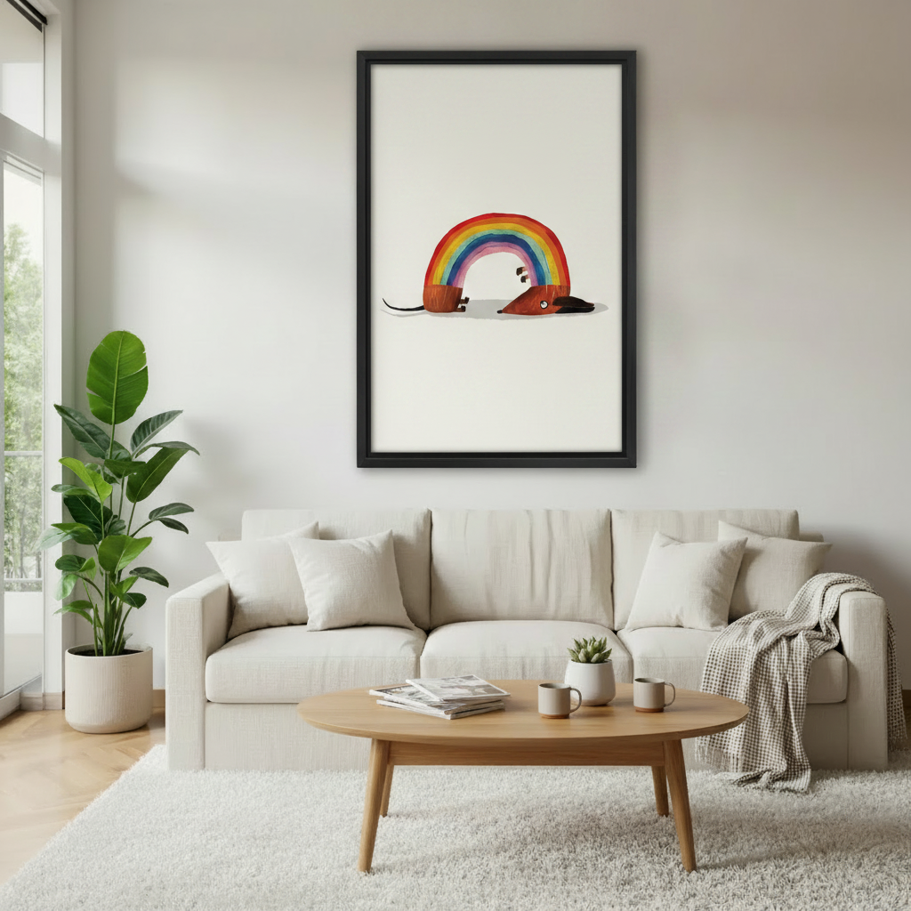 Whimsical rainbow dachshund canvas wall art in black frame – minimalist colorful dog illustration on white, styled in warm Scandinavian bedroom with neutral linen bedding and natural wood nightstand