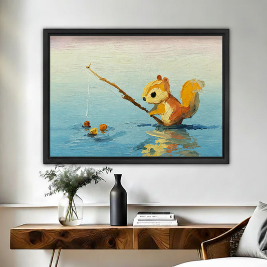 Cute squirrel fishing framed canvas wall art print, whimsical oil painting home decor