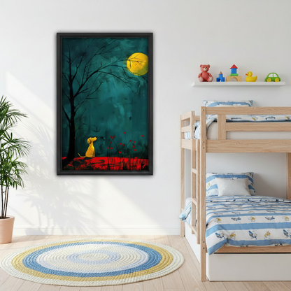 Moody dog moon night illustration framed art – black frame above cream sofa in Scandinavian living room