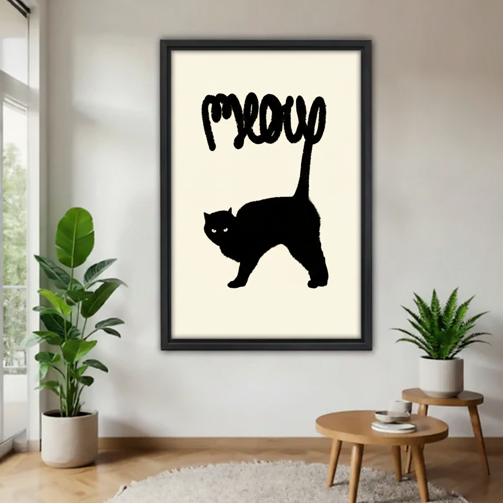 Meow black cat minimalist canvas wall art print — bold silhouette with tail typography, framed, modern home decor