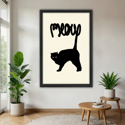 Meow black cat minimalist canvas wall art print — bold silhouette with tail typography, framed, modern home decor