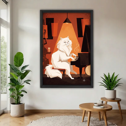 Retro White Cat Playing Piano Canvas Wall Art | Framed & Unframed l4809