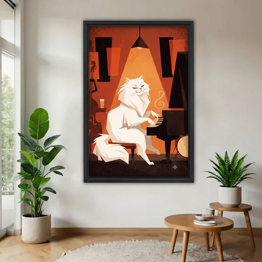 Retro White Cat Playing Piano Canvas Wall Art | Framed & Unframed l4809