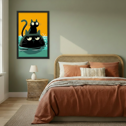 Two black cats stacked in water framed canvas print displayed in a cozy bedroom — funny illustrated cat wall art for cat lovers