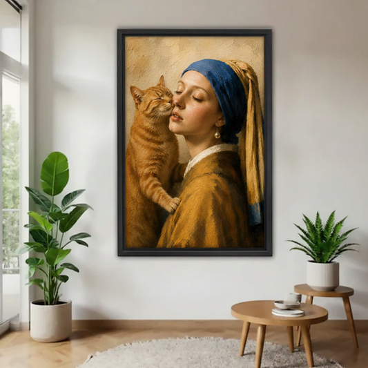 Vermeer girl with orange cat kiss framed canvas wall art hanging in minimalist living room