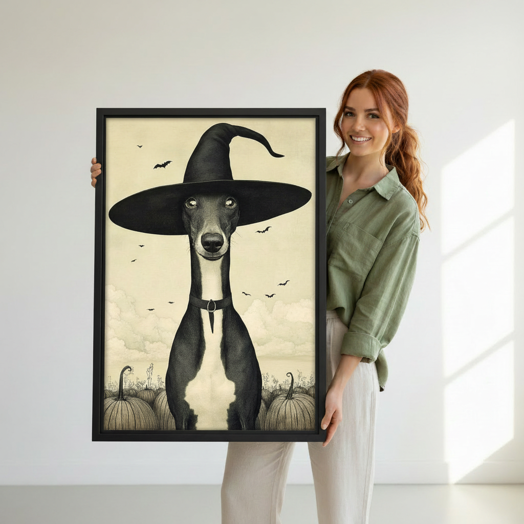 Woman holding greyhound witch hat gothic framed art print — dark dog wall art lifestyle photo