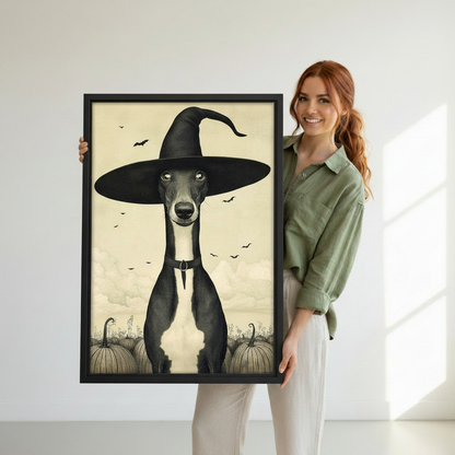 Woman holding greyhound witch hat gothic framed art print — dark dog wall art lifestyle photo