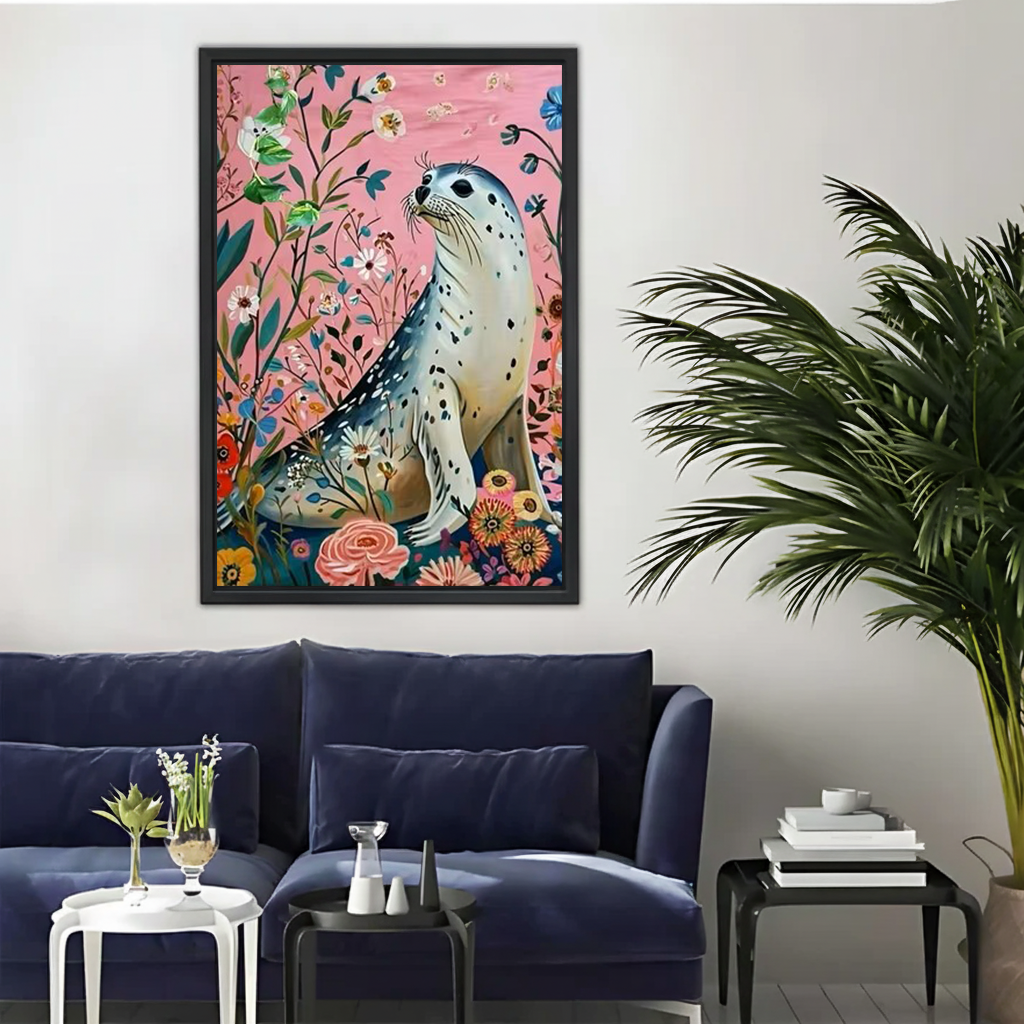 Spotted Seal with Pink Flowers Wall Art - Whimsical Animal Canvas Print|Liberty Signs #L349