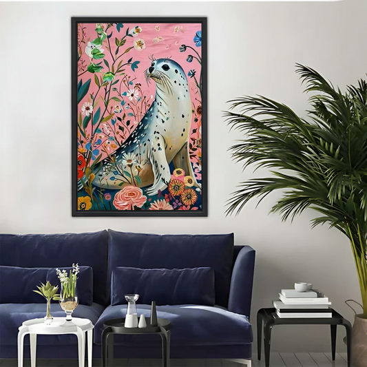 Spotted Seal with Pink Flowers Wall Art - Whimsical Animal Canvas Print|Liberty Signs #L349