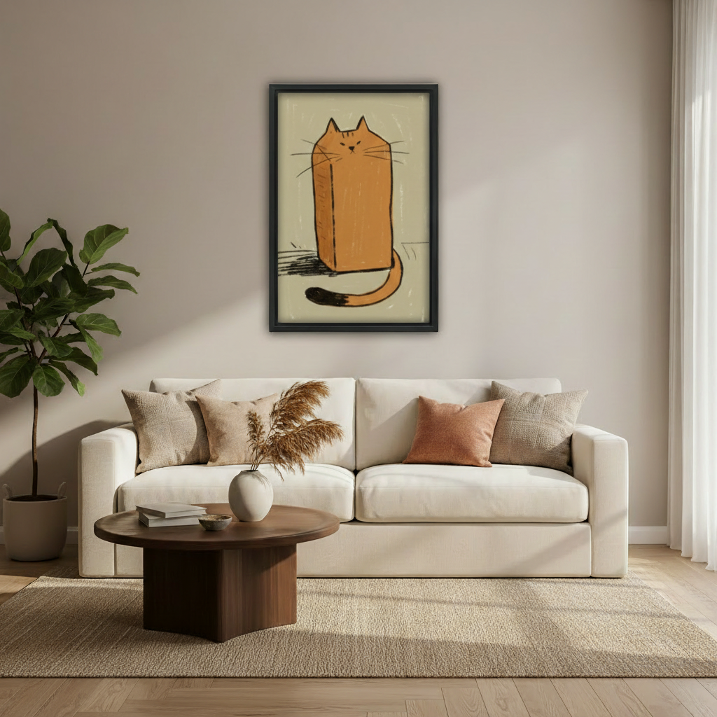 Loaf cat sketch framed canvas wall art print above cream sofa in modern living room