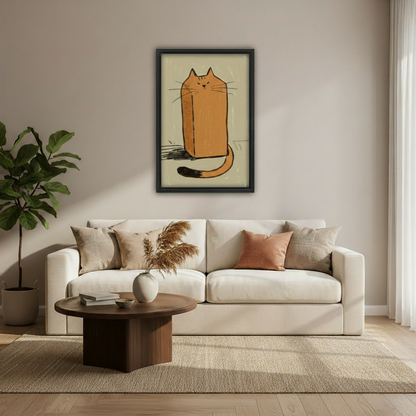 Loaf cat sketch framed canvas wall art print above cream sofa in modern living room