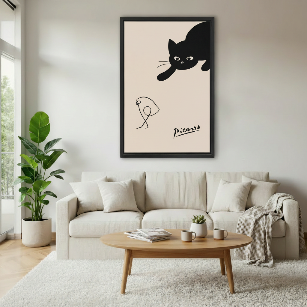 Minimalist Picasso bird and black cat framed canvas displayed above bed in cozy bedroom — sophisticated line art print for bedroom decor