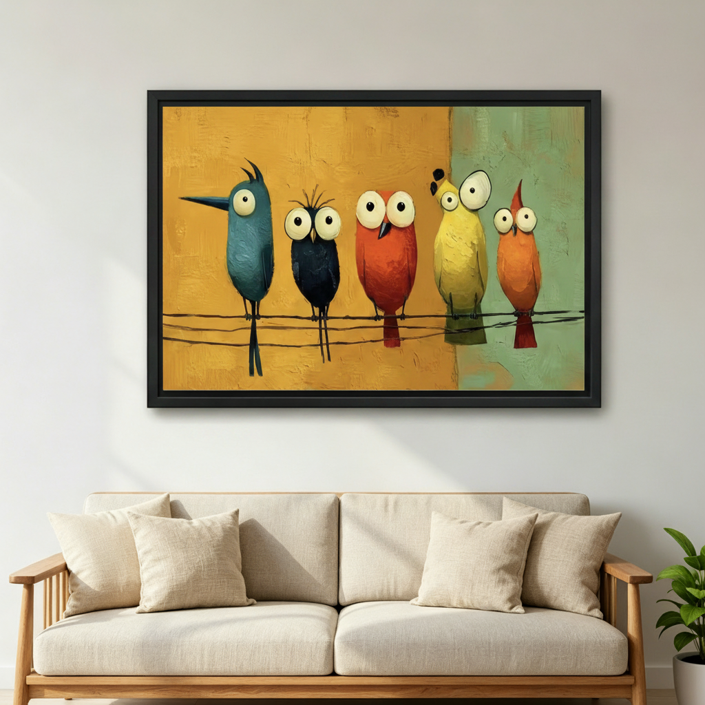 Colorful cartoon birds wall art displayed above sofa in bright living room, whimsical bird print, fun eclectic home decor