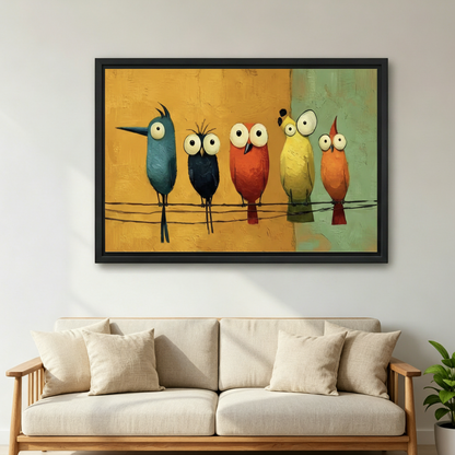 Colorful cartoon birds wall art displayed above sofa in bright living room, whimsical bird print, fun eclectic home decor