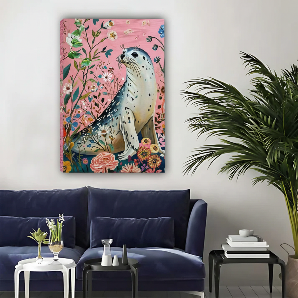Spotted Seal with Pink Flowers Wall Art - Whimsical Animal Canvas Print|Liberty Signs #L349